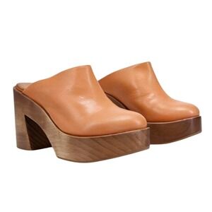 Free People Suki Platform Clog Muted Peach Tan Leather Wood Block Heel Mule 7.5